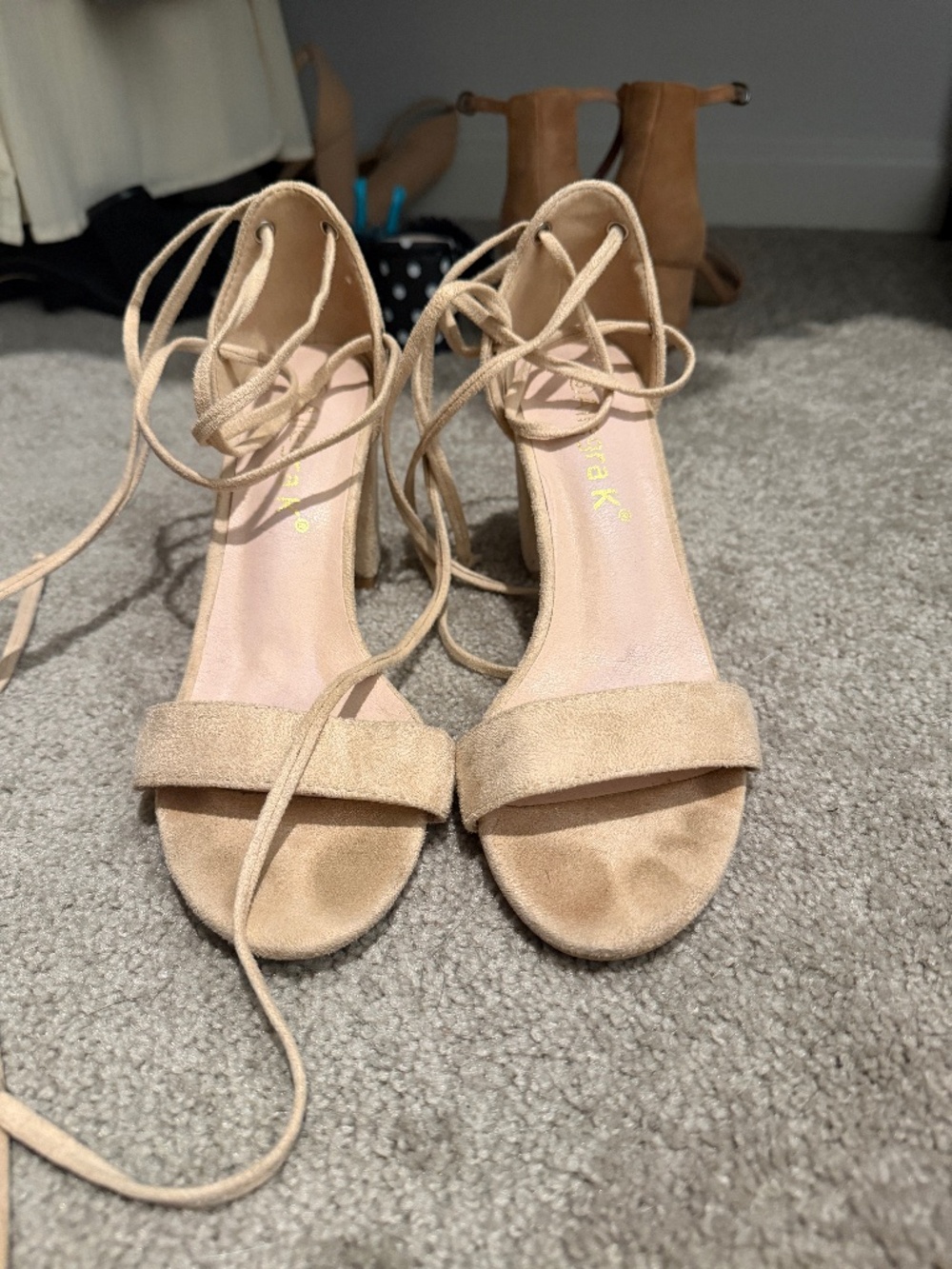 Allegra K Nude Faux Suede Lace Up Block Heel Sandals - Size 8